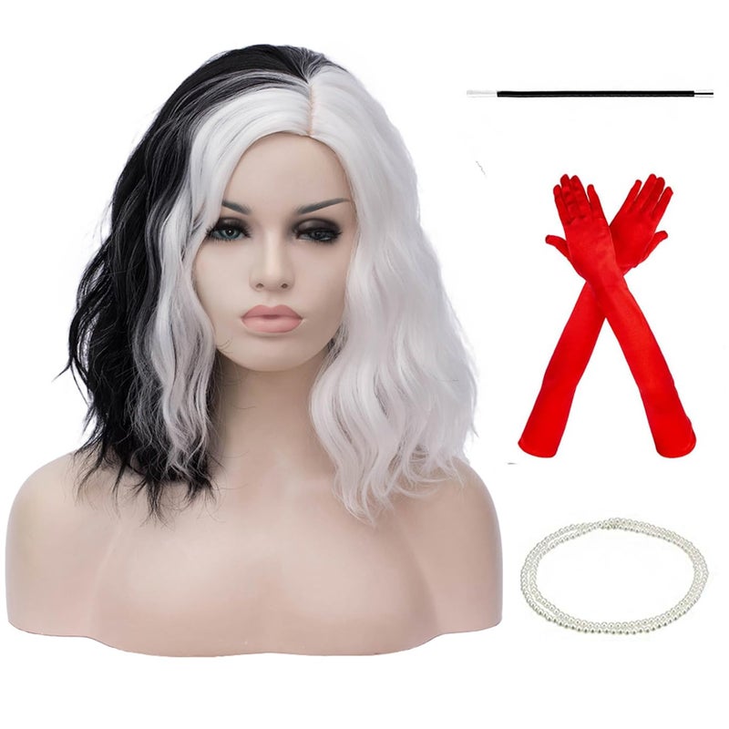 BERON 14" Women Girls Short Curly Bob Wavy Wig Body Wave Halloween Cosplay Costume Daily Party Wigs (Black and White) - Image 1